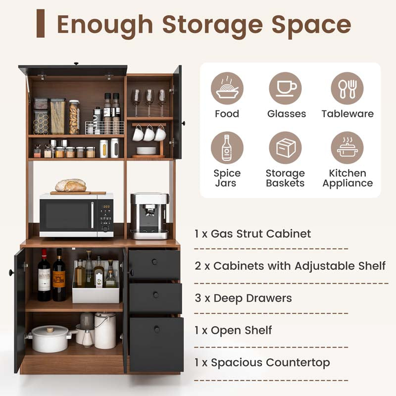 71" Kitchen Buffet Hutch Storage Cabinet Microwave Cupboard, Freestanding Pantry with 3 Cabinets & Drawers, Adjustable Shelves
