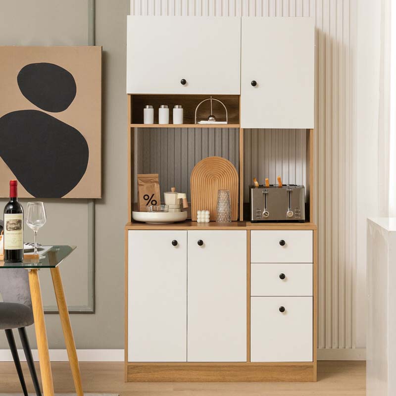 71" Kitchen Buffet Hutch Storage Cabinet Microwave Cupboard, Freestanding Pantry with 3 Cabinets & Drawers, Adjustable Shelves