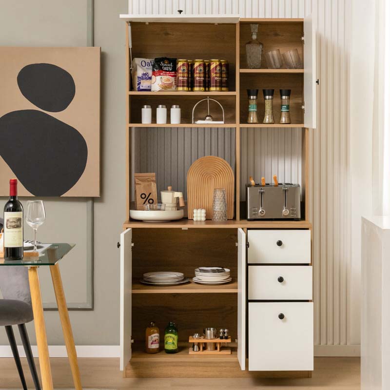 71" Kitchen Buffet Hutch Storage Cabinet Microwave Cupboard, Freestanding Pantry with 3 Cabinets & Drawers, Adjustable Shelves