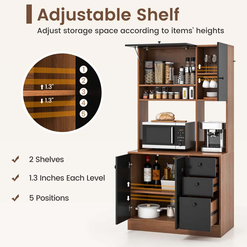 71" Kitchen Buffet Hutch Storage Cabinet Microwave Cupboard, Freestanding Pantry with 3 Cabinets & Drawers, Adjustable Shelves