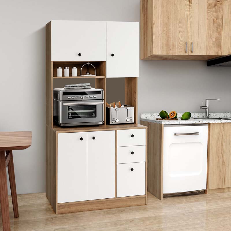 71" Kitchen Buffet Hutch Storage Cabinet Microwave Cupboard, Freestanding Pantry with 3 Cabinets & Drawers, Adjustable Shelves