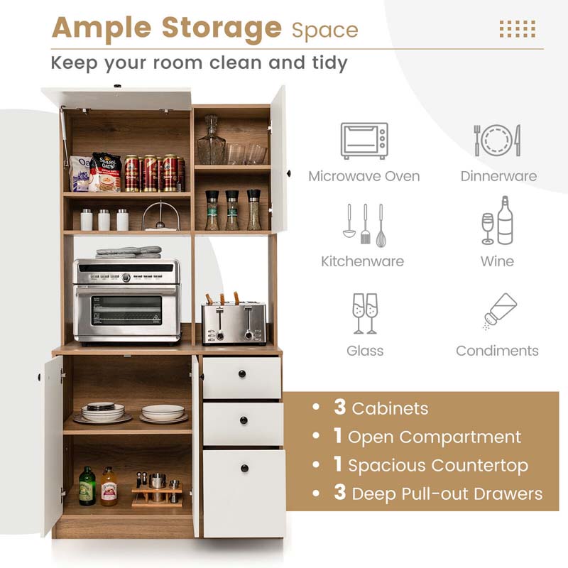 71" Kitchen Buffet Hutch Storage Cabinet Microwave Cupboard, Freestanding Pantry with 3 Cabinets & Drawers, Adjustable Shelves