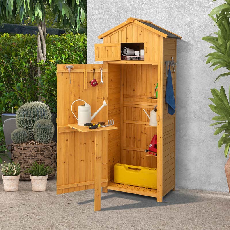 71" Tall Waterproof Wooden Outdoor Shed Garden Tool Storage Cabinet with Lockable Doors & Foldable Table