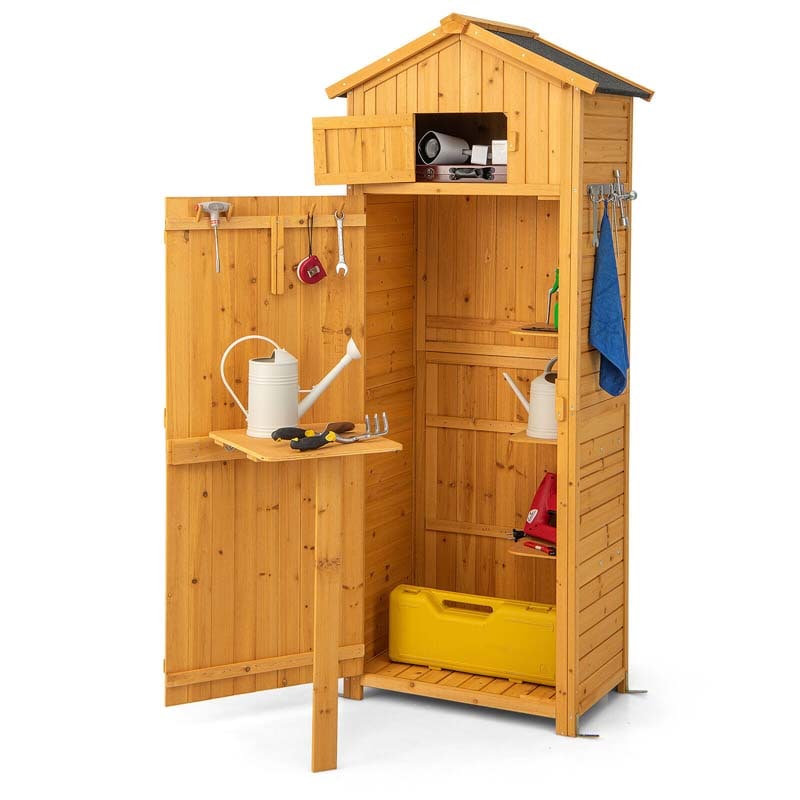 71" Tall Waterproof Wooden Outdoor Shed Garden Tool Storage Cabinet with Lockable Doors & Foldable Table