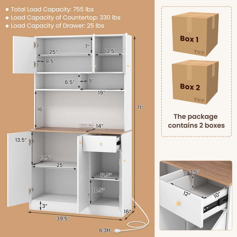 71" Tall Kitchen Hutch Cabinet, Modern Pantry Cabinet with Outlets & USB Ports, Microwave Stand, Adjustable Shelves, Freestanding Buffet Cupboard