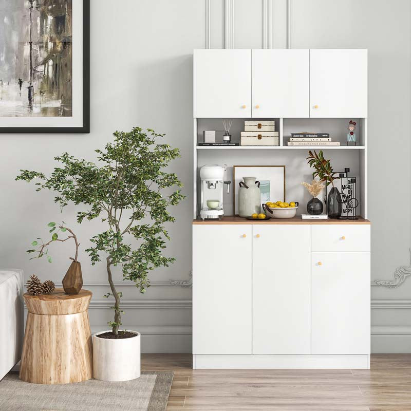 71" Tall Kitchen Hutch Cabinet, Modern Pantry Cabinet with Outlets & USB Ports, Microwave Stand, Adjustable Shelves, Freestanding Buffet Cupboard