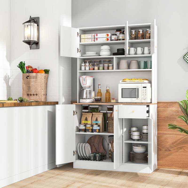 71" Tall Kitchen Hutch Cabinet, Modern Pantry Cabinet with Outlets & USB Ports, Microwave Stand, Adjustable Shelves, Freestanding Buffet Cupboard