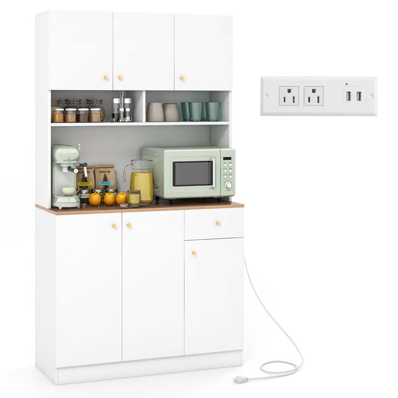 71" Tall Kitchen Hutch Cabinet, Modern Pantry Cabinet with Outlets & USB Ports, Microwave Stand, Adjustable Shelves, Freestanding Buffet Cupboard