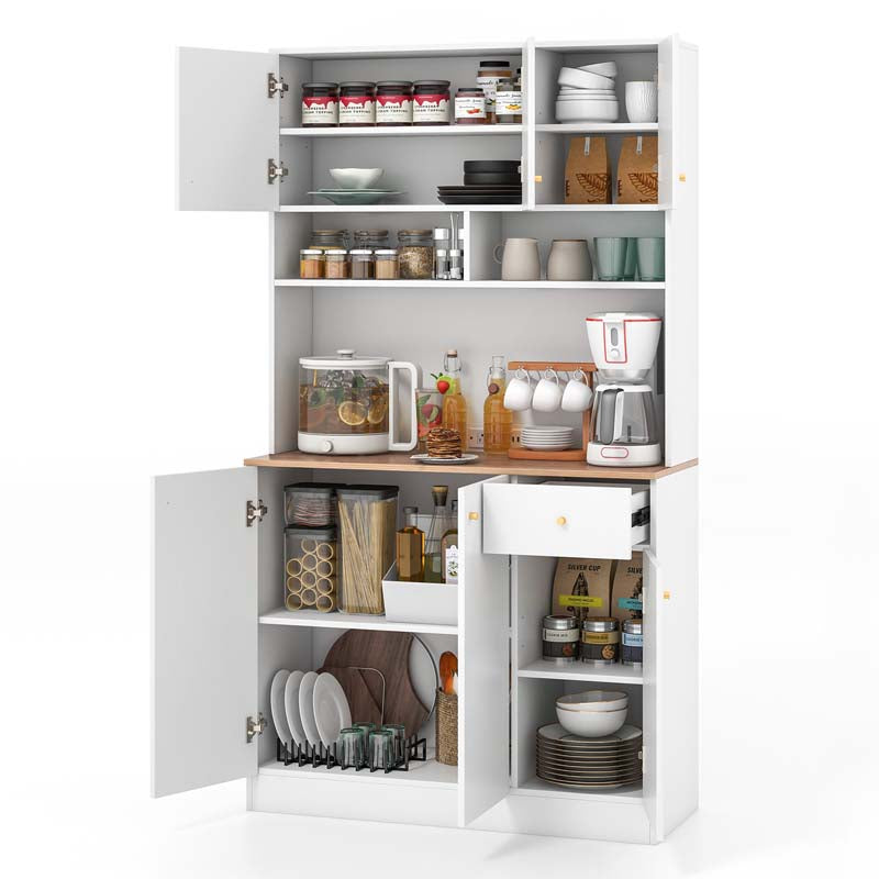 71" Tall Kitchen Hutch Cabinet, Modern Pantry Cabinet with Outlets & USB Ports, Microwave Stand, Adjustable Shelves, Freestanding Buffet Cupboard