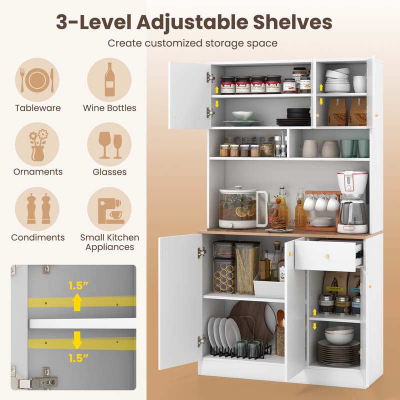 71" Tall Kitchen Hutch Cabinet, Modern Pantry Cabinet with Outlets & USB Ports, Microwave Stand, Adjustable Shelves, Freestanding Buffet Cupboard