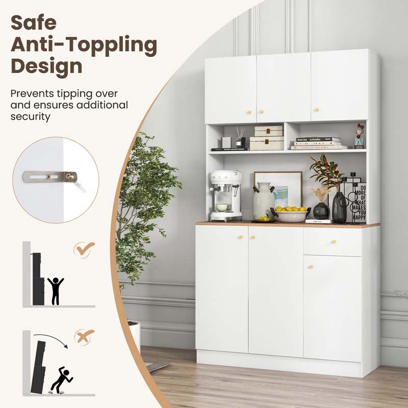 71" Tall Kitchen Hutch Cabinet, Modern Pantry Cabinet with Outlets & USB Ports, Microwave Stand, Adjustable Shelves, Freestanding Buffet Cupboard
