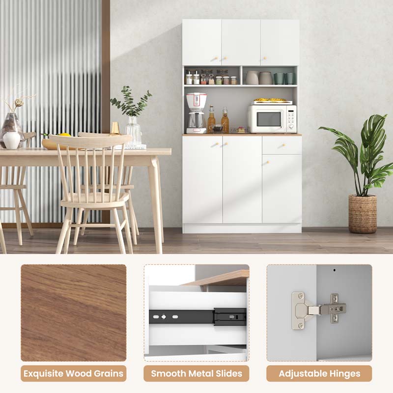 71" Tall Kitchen Hutch Cabinet, Modern Pantry Cabinet with Outlets & USB Ports, Microwave Stand, Adjustable Shelves, Freestanding Buffet Cupboard