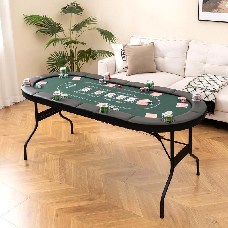 8-Player Foldable Poker Table, 72" Portable Texas Holdem Casino Leisure Table with Cup Holders, Oval Card Game Blackjack Table for Game Room