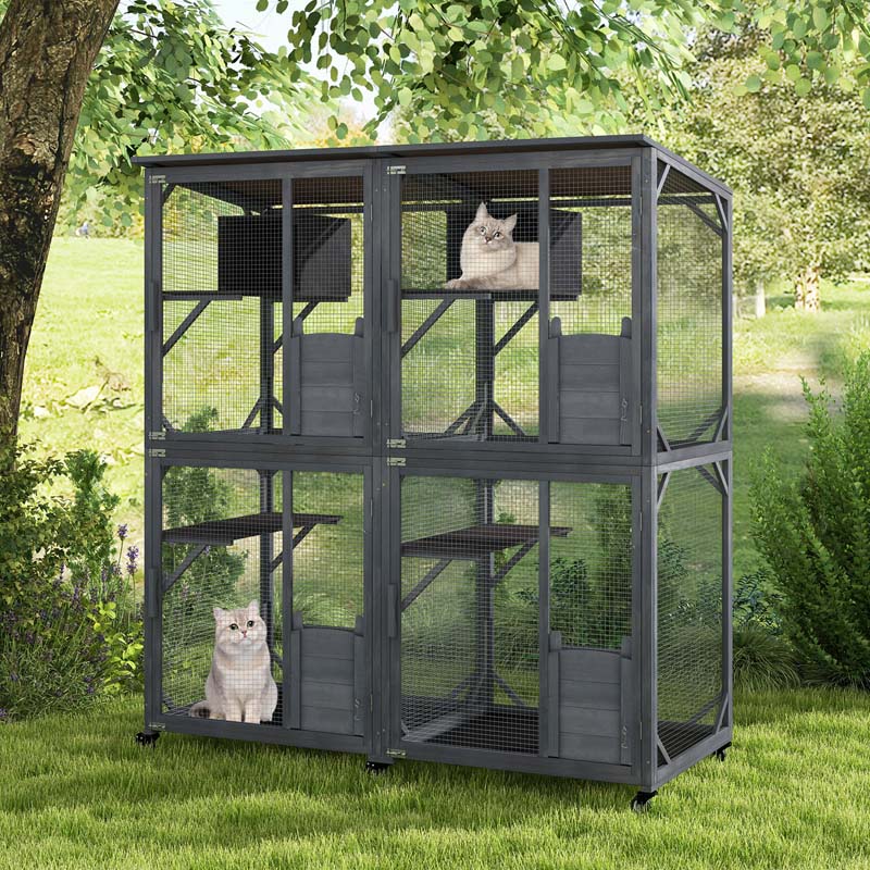 72" Tall Large Wooden Cat House on Wheels with 2 Resting Box, 4 Platforms, Catio Outdoor Cat Enclosure Kitty Cat Kennel Condo Cage Playpen