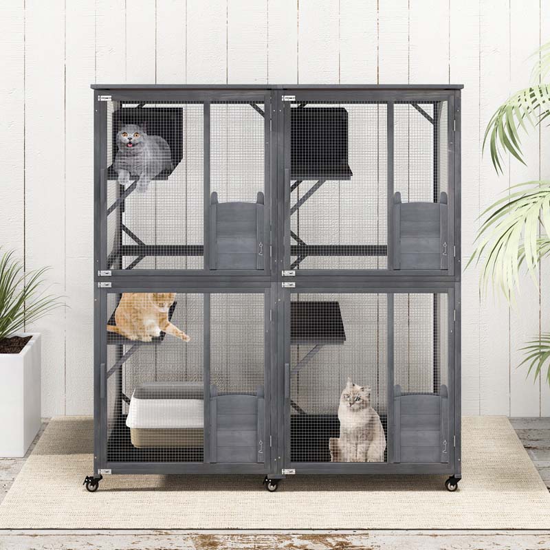 72" Tall Large Wooden Cat House on Wheels with 2 Resting Box, 4 Platforms, Catio Outdoor Cat Enclosure Kitty Cat Kennel Condo Cage Playpen