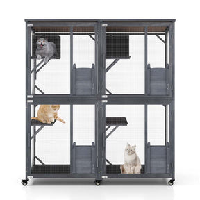 72" Tall Large Wooden Cat House on Wheels with 2 Resting Box, 4 Platforms, Catio Outdoor Cat Enclosure Kitty Cat Kennel Condo Cage Playpen