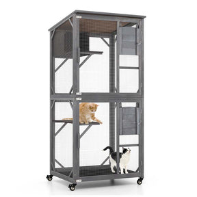 72" Tall Wooden Cat House on Wheels with Resting Box, 2 Platforms, Catio Outdoor Cat Enclosure Large Kitty Cat Condo Cage Playpen