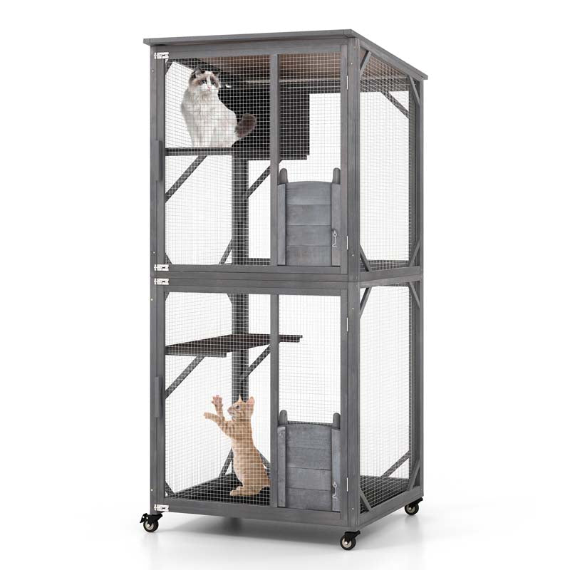 72" Tall Wooden Cat House on Wheels with Resting Box, 2 Platforms, Catio Outdoor Cat Enclosure Large Kitty Cat Condo Cage Playpen