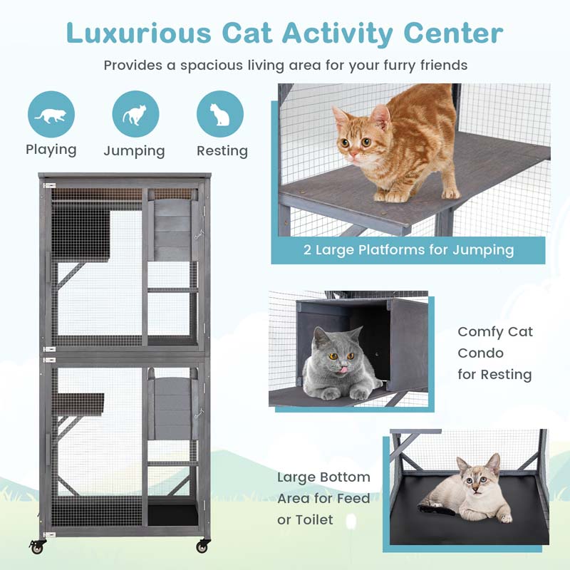 72" Tall Wooden Cat House on Wheels with Resting Box, 2 Platforms, Catio Outdoor Cat Enclosure Large Kitty Cat Condo Cage Playpen