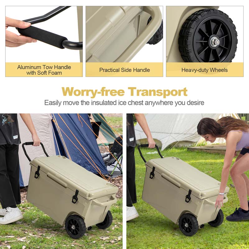 75 Quart Rotomolded Cooler with Wheels & Portable Handles, Insulated Large Ice Chest w/Leak-Proof Tight Latches for Outdoor Camping Beach