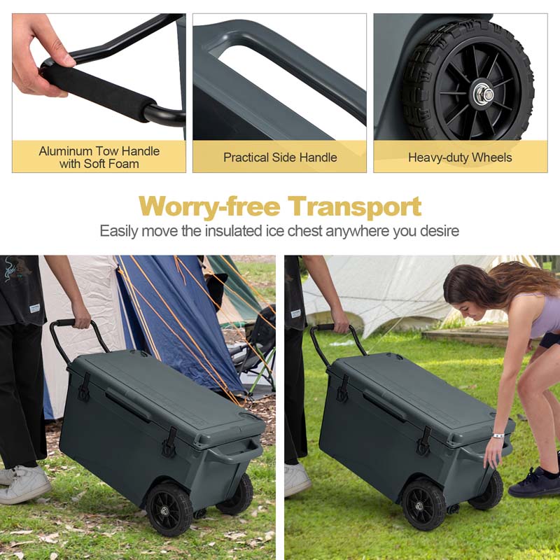 75 Quart Rotomolded Cooler with Wheels & Portable Handles, Insulated Large Ice Chest w/Leak-Proof Tight Latches for Outdoor Camping Beach