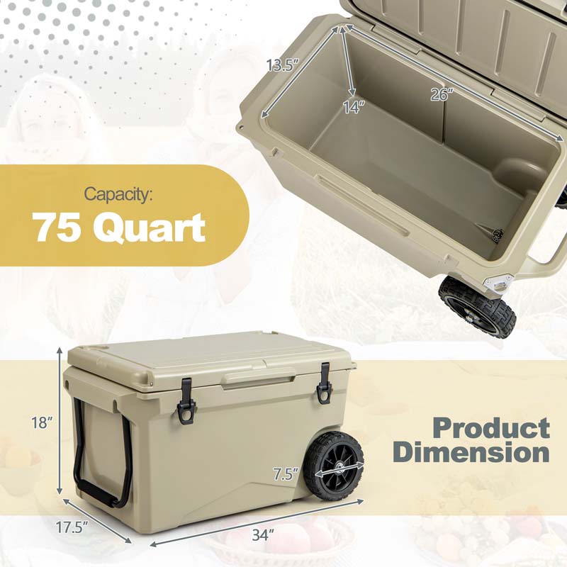 75 Quart Rotomolded Cooler with Wheels & Portable Handles, Insulated Large Ice Chest w/Leak-Proof Tight Latches for Outdoor Camping Beach