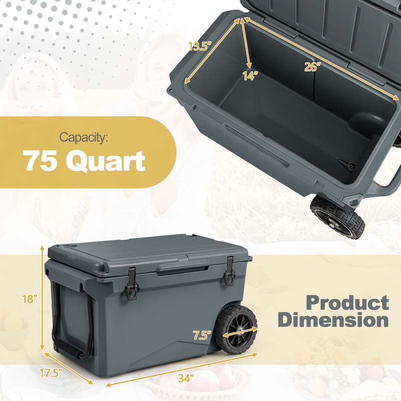 75 Quart Rotomolded Cooler with Wheels & Portable Handles, Insulated Large Ice Chest w/Leak-Proof Tight Latches for Outdoor Camping Beach