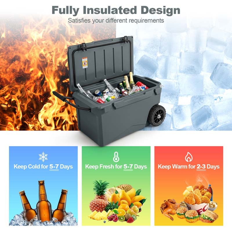 75 Quart Rotomolded Cooler with Wheels & Portable Handles, Insulated Large Ice Chest w/Leak-Proof Tight Latches for Outdoor Camping Beach