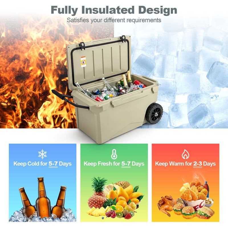 75 Quart Rotomolded Cooler with Wheels & Portable Handles, Insulated Large Ice Chest w/Leak-Proof Tight Latches for Outdoor Camping Beach