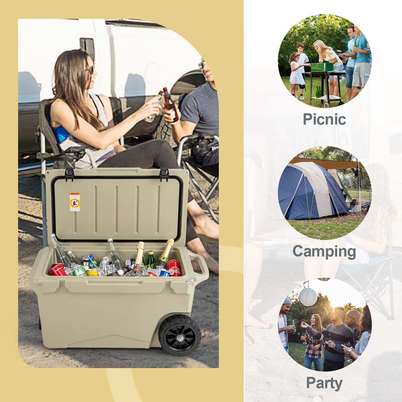 75 Quart Rotomolded Cooler with Wheels & Portable Handles, Insulated Large Ice Chest w/Leak-Proof Tight Latches for Outdoor Camping Beach