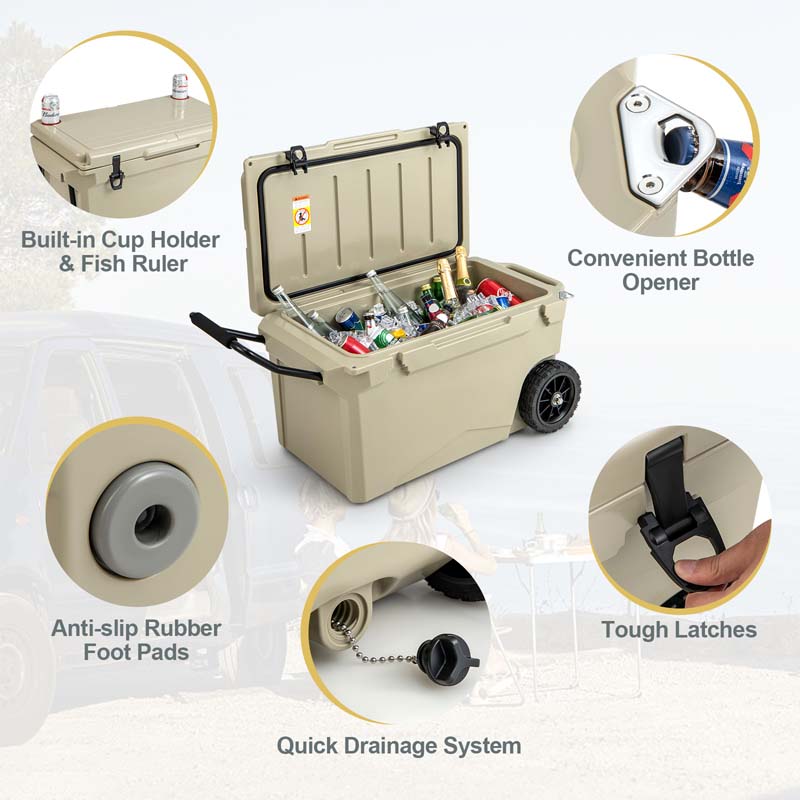 75 Quart Rotomolded Cooler with Wheels & Portable Handles, Insulated Large Ice Chest w/Leak-Proof Tight Latches for Outdoor Camping Beach