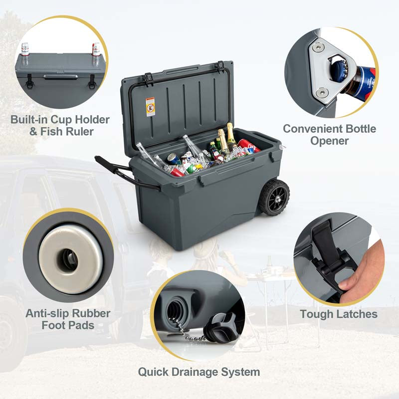 75 Quart Rotomolded Cooler with Wheels & Portable Handles, Insulated Large Ice Chest w/Leak-Proof Tight Latches for Outdoor Camping Beach