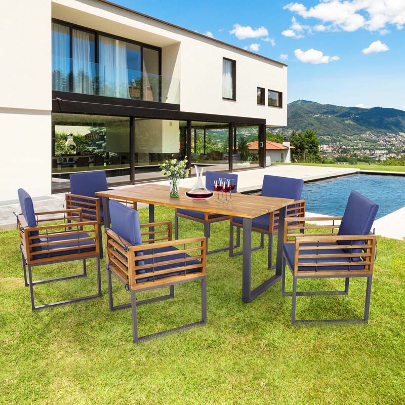 7 Piece Acacia Wood Patio Dining Set with 69" Tabletop & Umbrella Hole, Heavy-Duty Metal Dining Chair & Table Set for Backyard Poolside