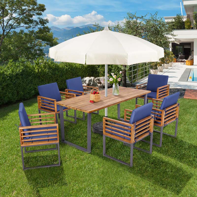 7 Piece Acacia Wood Patio Dining Set with 69" Tabletop & Umbrella Hole, Heavy-Duty Metal Dining Chair & Table Set for Backyard Poolside