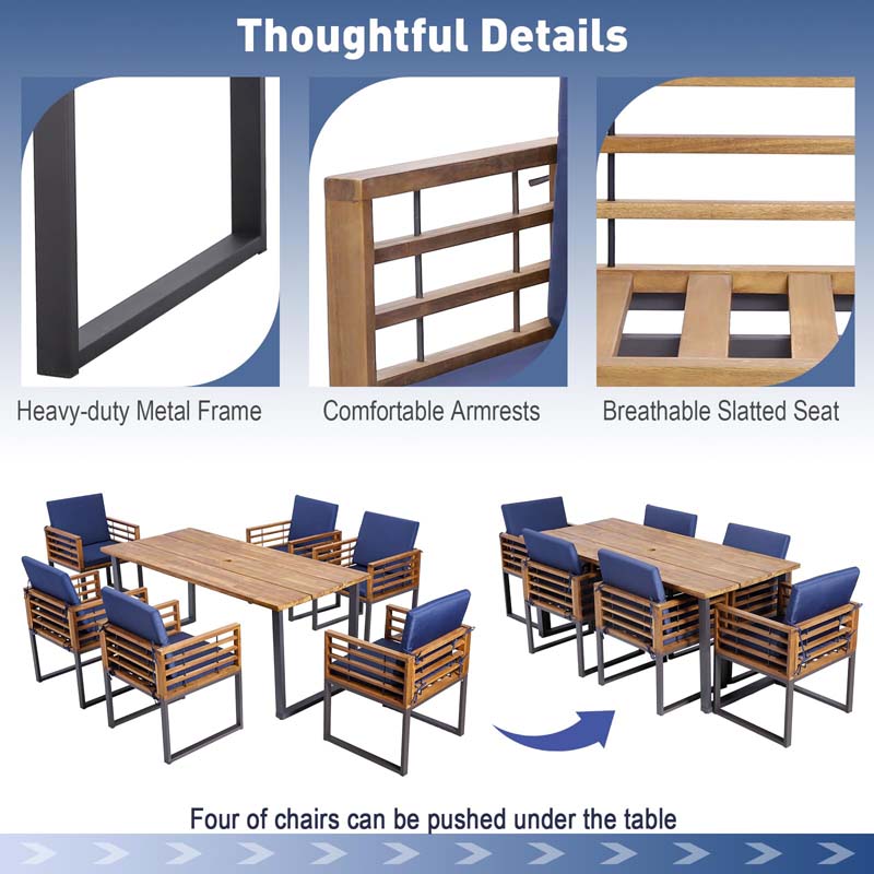7 Piece Acacia Wood Patio Dining Set with 69" Tabletop & Umbrella Hole, Heavy-Duty Metal Dining Chair & Table Set for Backyard Poolside