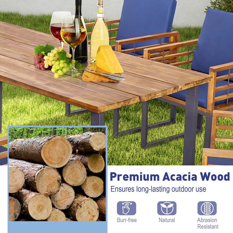 7 Piece Acacia Wood Patio Dining Set with 69" Tabletop & Umbrella Hole, Heavy-Duty Metal Dining Chair & Table Set for Backyard Poolside