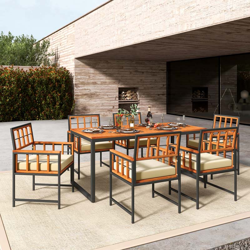 7Pcs Patio Dining Set for Backyard Poolside, Outdoor Acacia Wood Table and Chairs with Soft Cushions & 1.96" Umbrella Hole