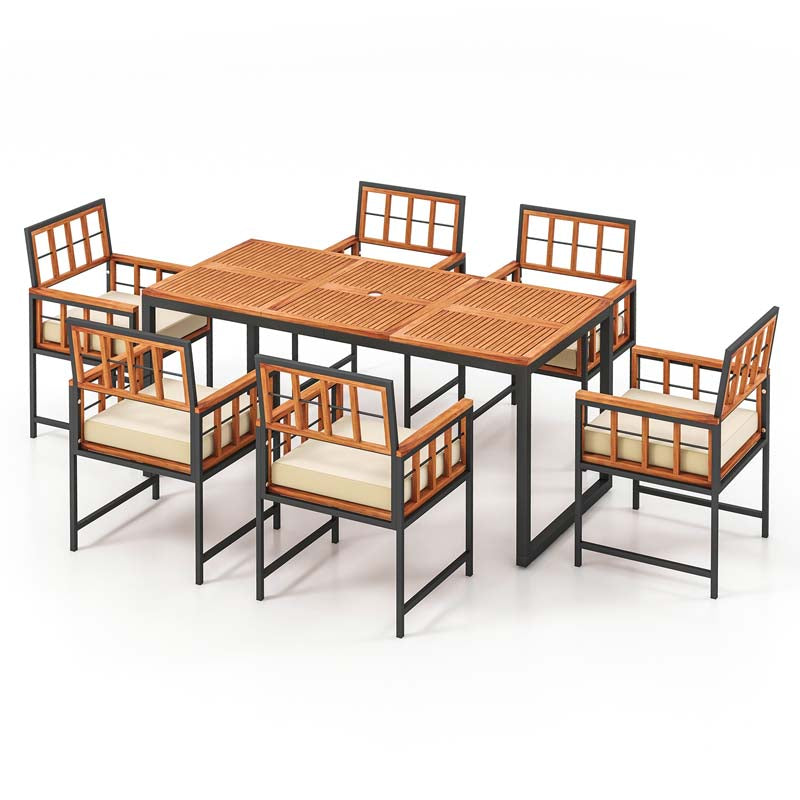 7Pcs Patio Dining Set for Backyard Poolside, Outdoor Acacia Wood Table and Chairs with Soft Cushions & 1.96" Umbrella Hole