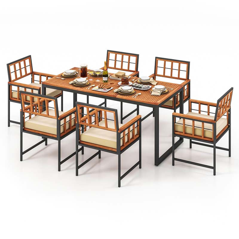 7Pcs Patio Dining Set for Backyard Poolside, Outdoor Acacia Wood Table and Chairs with Soft Cushions & 1.96" Umbrella Hole