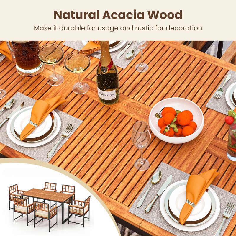 7Pcs Patio Dining Set for Backyard Poolside, Outdoor Acacia Wood Table and Chairs with Soft Cushions & 1.96" Umbrella Hole