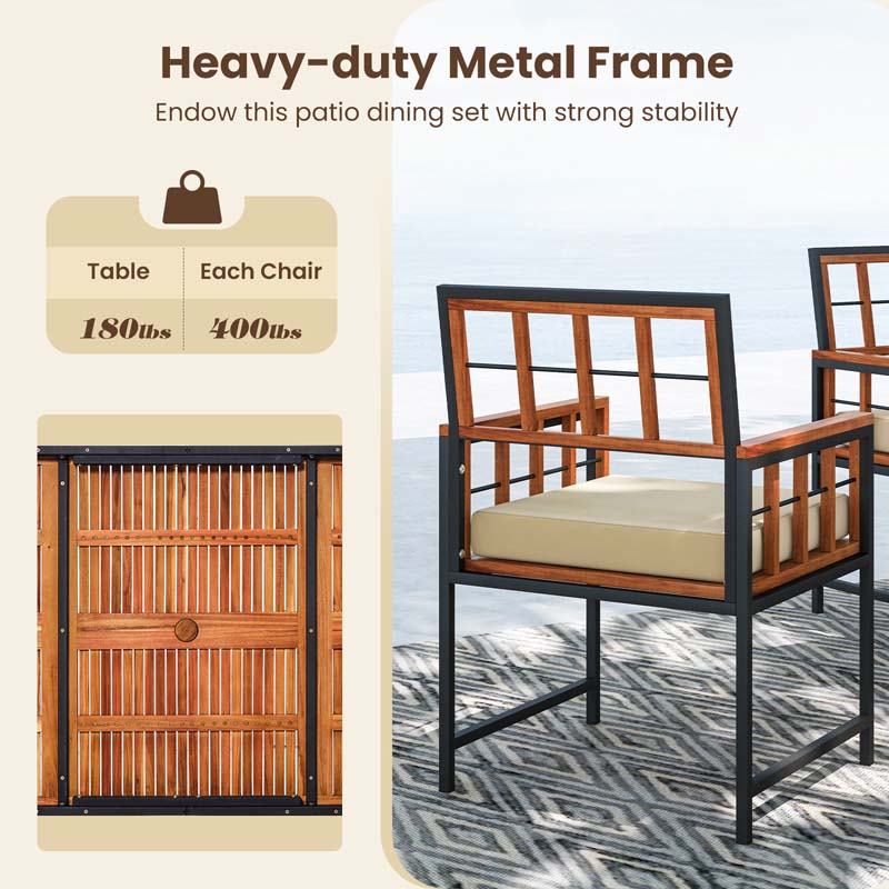 7Pcs Patio Dining Set for Backyard Poolside, Outdoor Acacia Wood Table and Chairs with Soft Cushions & 1.96" Umbrella Hole
