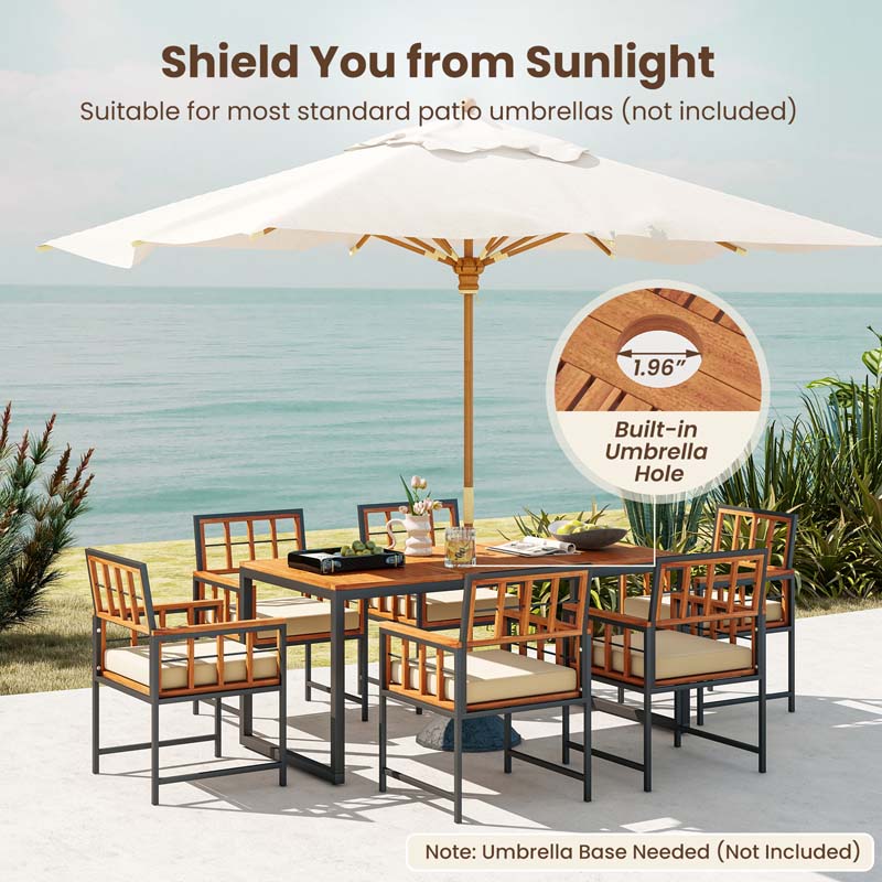 7Pcs Patio Dining Set for Backyard Poolside, Outdoor Acacia Wood Table and Chairs with Soft Cushions & 1.96" Umbrella Hole