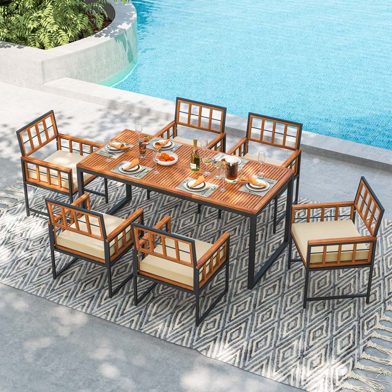 7Pcs Patio Dining Set for Backyard Poolside, Outdoor Acacia Wood Table and Chairs with Soft Cushions & 1.96" Umbrella Hole