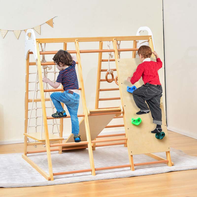 8-in-1 Wooden Indoor Playground Montessori Climbing Toys for Toddlers, Kids Jungle Gym Playset with Slide, Climbing Rock/Net, Monkey Bars