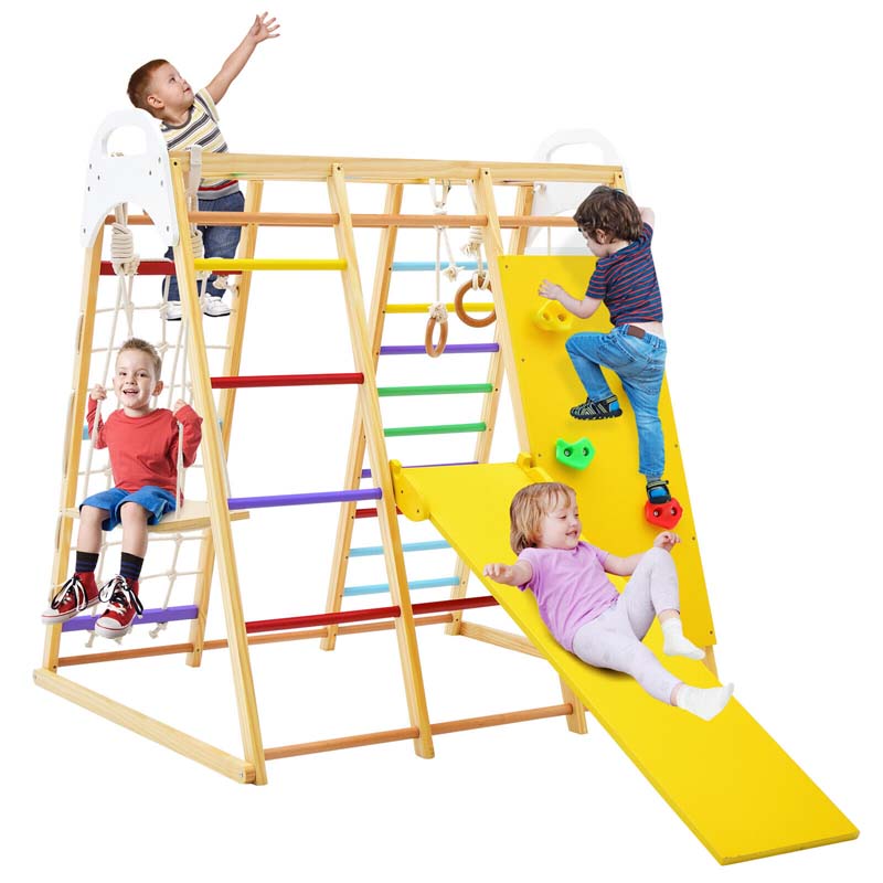 8-in-1 Wooden Climbing Toys for Toddlers, Montessori Kids Indoor Playground Jungle Gym Playset with Slide, Climbing Rock/Net, Monkey Bars