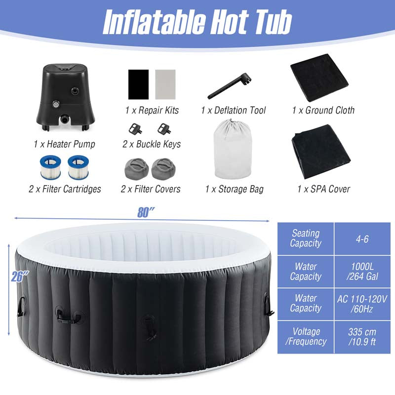 2-6 Person Inflatable Hot Tub with 110/130 Soothing Air Jets, Heater Pump & Cover, Portable Outdoor Water Spa Tub for Backyard