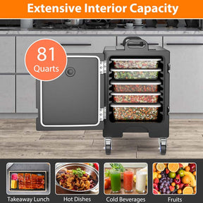 81 Quart Stackable End-Loading Insulated Food Pan Carrier w/Wheels & Fastener, LLDPE Portable Food Warmer Container for 5 Full-Size Pan