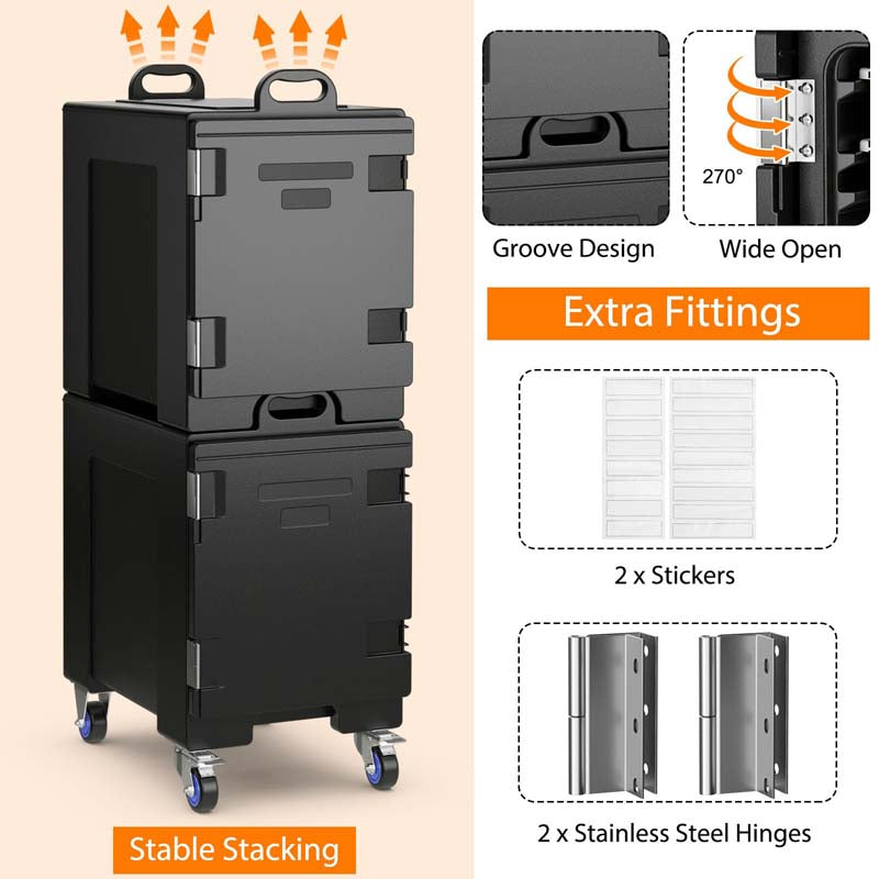 81 Quart Stackable End-Loading Insulated Food Pan Carrier w/Wheels & Fastener, LLDPE Portable Food Warmer Container for 5 Full-Size Pan