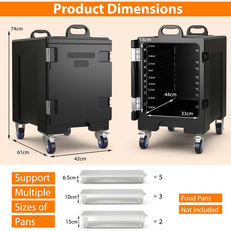 81 Quart Stackable End-Loading Insulated Food Pan Carrier w/Wheels & Fastener, LLDPE Portable Food Warmer Container for 5 Full-Size Pan