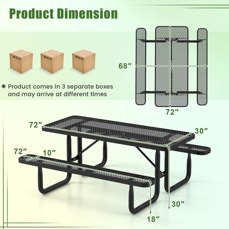 8-Person Mesh Picnic Table Bench Set with Thermoplastic Coated Steel, 72" Heavy Duty Patio Dining Table for Cafe Restaurant Bar